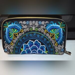 Peacock Style Boho Embroidered Blue Double Zip Up Wallet
